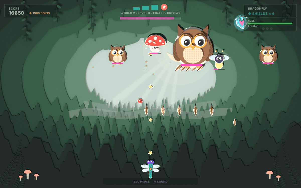 Exploration Fight in the Enchanted Forest: a Big Owl finale, its feather bombs and the paper Dragonfly fighter