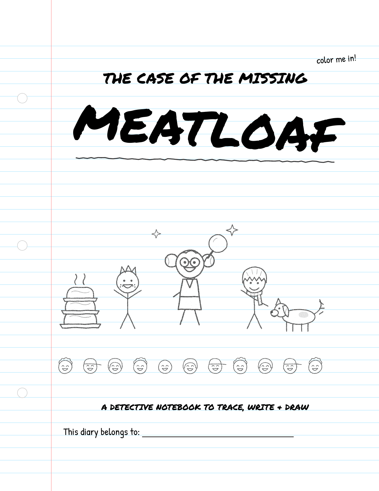 Sample cover: The Case of the Missing Meatloaf, with characters to color and a name line