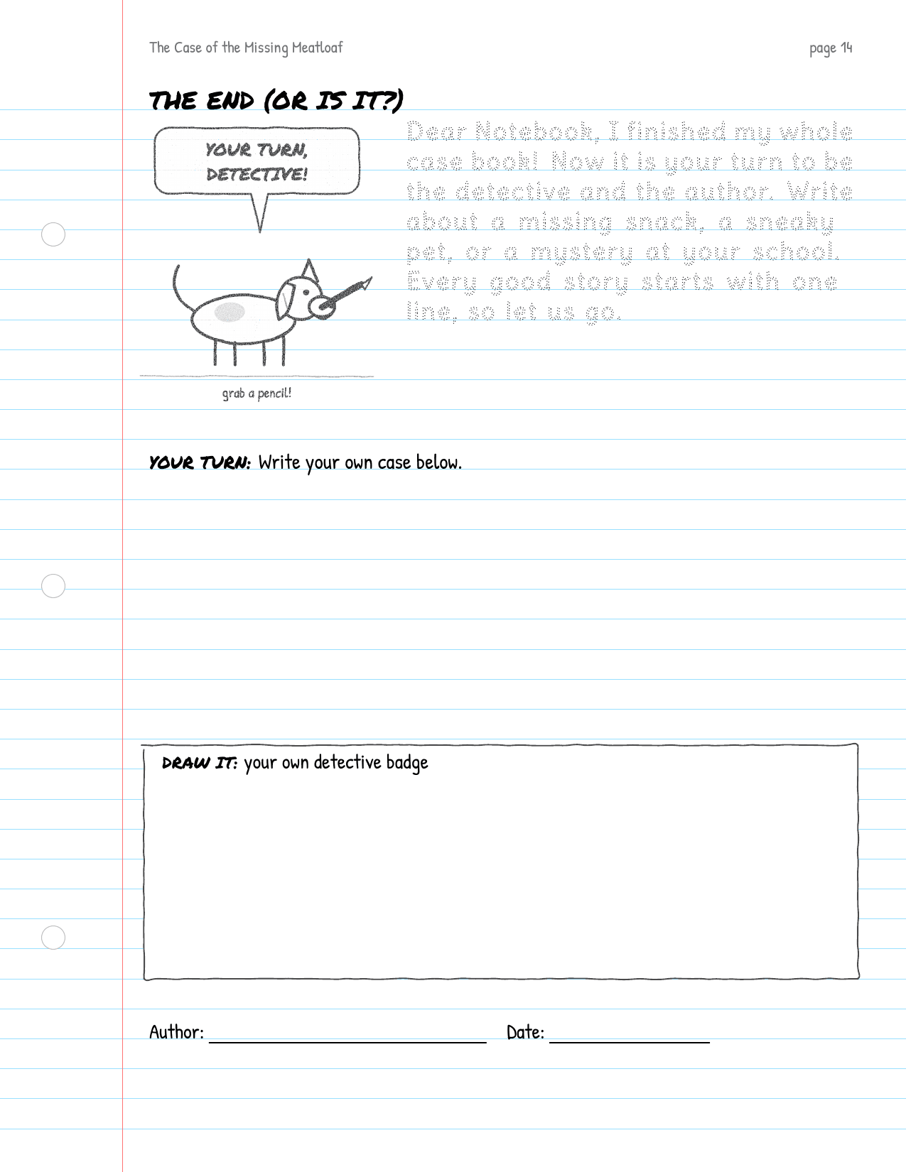 Sample closing page: the end of the story with a final writing and drawing task