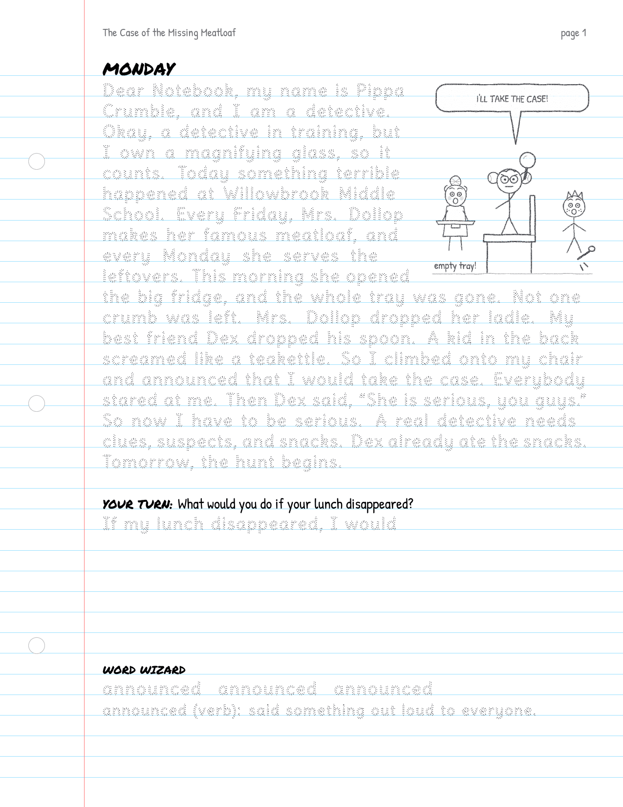 Sample story page: dotted diary text to trace beside a pencil cartoon, a YOUR TURN prompt and a WORD WIZARD word