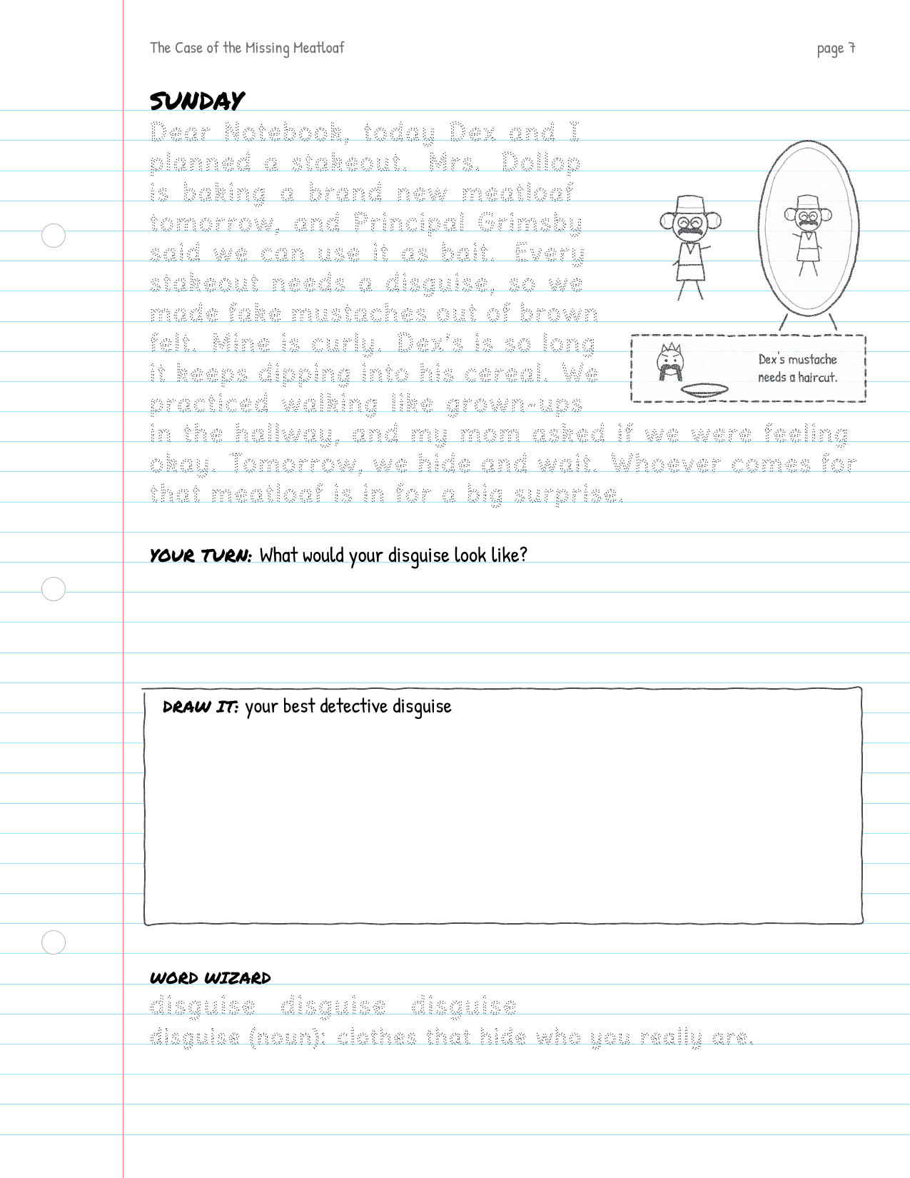 Sample page with a DRAW IT box, a writing prompt and a vocabulary word