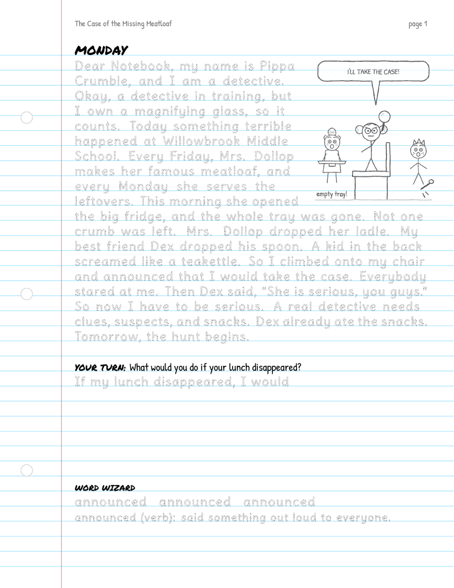 Storybook page: dotted story text to trace around a cartoon, a writing prompt and a vocabulary word